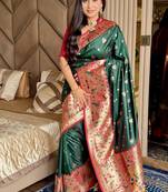 Dark green silk blend paithani saree with unstitched blouse piece