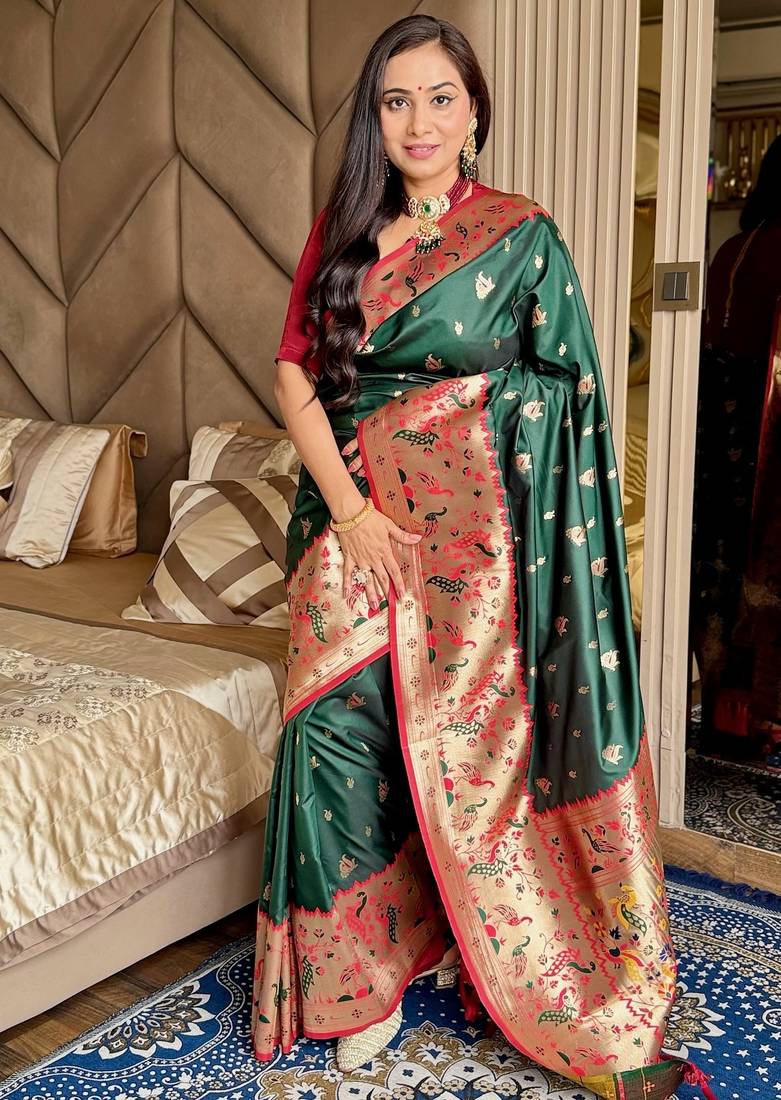 Dark green silk paithani saree with unstitched blouse piece