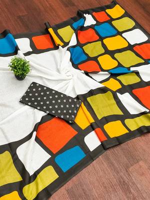 Black abstract print mulmul cotton saree with blouse. 5