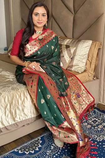 Dark green silk blend paithani saree with unstitched blouse piece