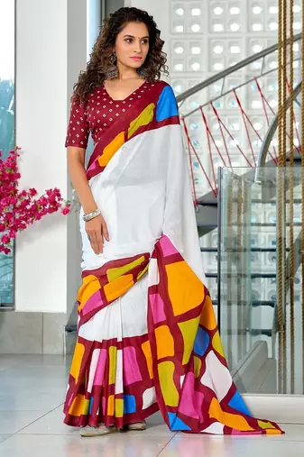 Maroon abstract print mulmul cotton saree with blouse.