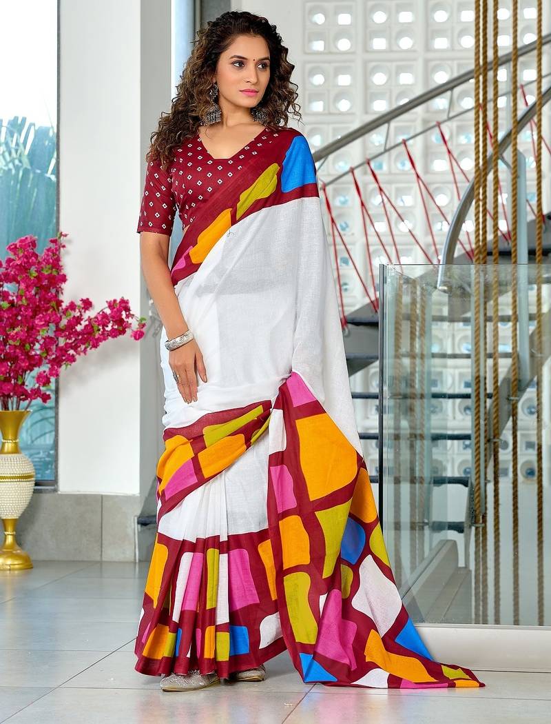 Maroon abstract print mulmul cotton saree with blouse.