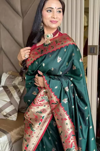 Dark green silk blend paithani saree with unstitched blouse piece