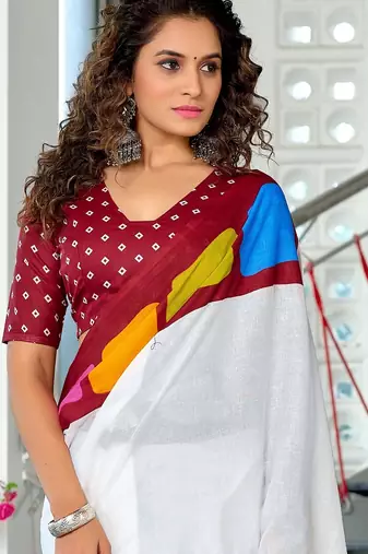Maroon abstract print mulmul cotton saree with blouse.