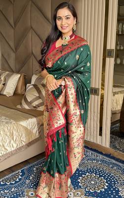 Dark green silk blend paithani saree with unstitched blouse piece 4