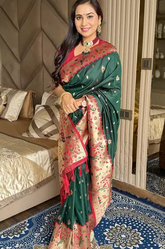 Dark green silk blend paithani saree with unstitched blouse piece