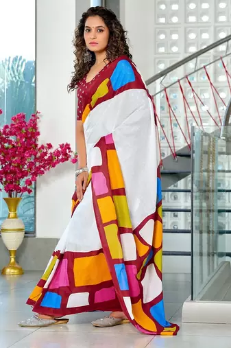 Maroon abstract print mulmul cotton saree with blouse.
