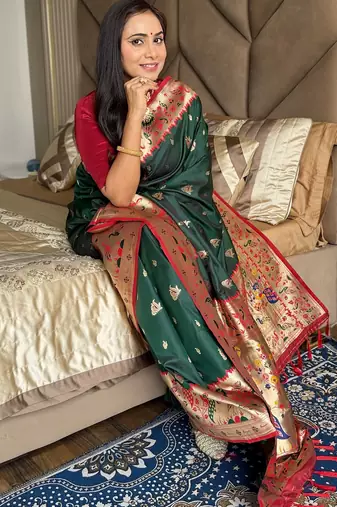 Dark green silk blend paithani saree with unstitched blouse piece