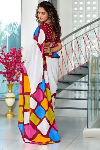 Maroon abstract print mulmul cotton saree with blouse.