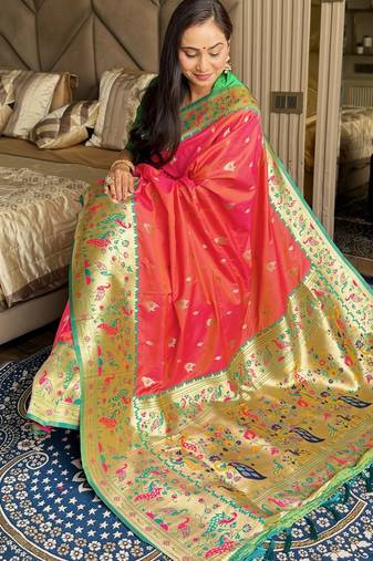 Gajari silk paithani saree with unstitched blouse piece