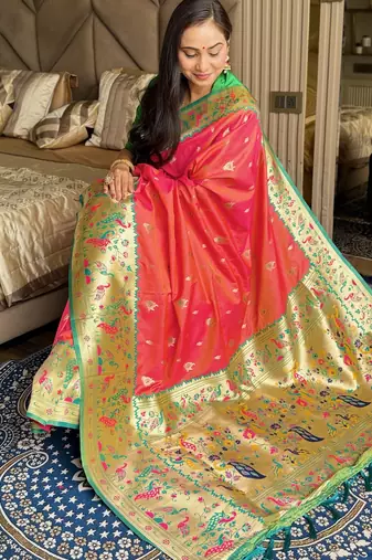 Gajari silk paithani saree with unstitched blouse piece