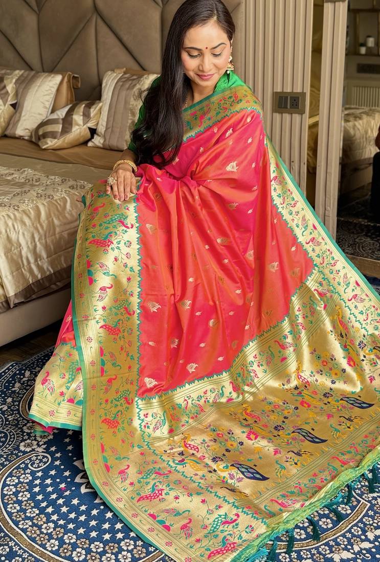 Gajari silk paithani saree with unstitched blouse piece