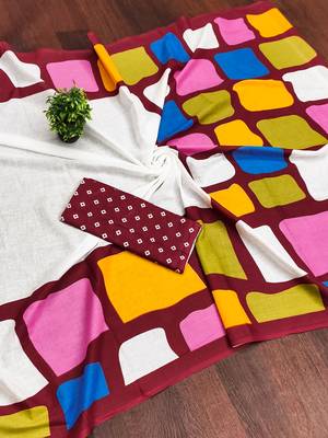 Maroon abstract print mulmul cotton saree with blouse. 5