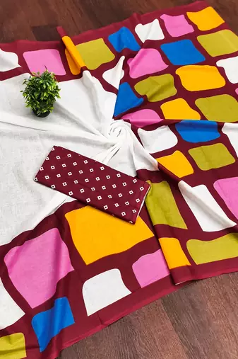 Maroon abstract print mulmul cotton saree with blouse.