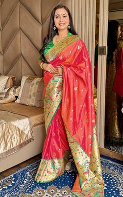 Gajari silk blend paithani saree with unstitched blouse piece 2