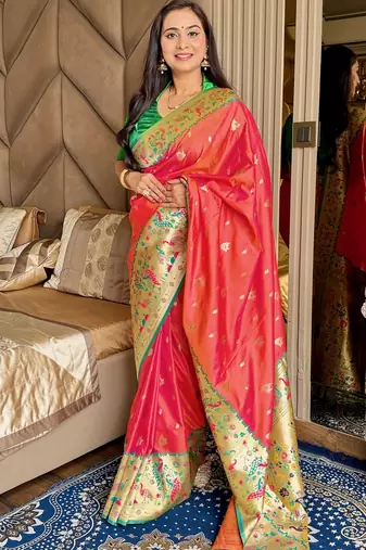 Gajari silk blend paithani saree with unstitched blouse piece