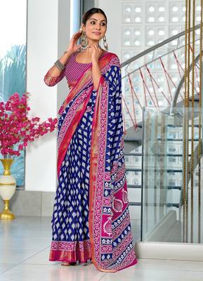 Blue floral print pure cotton mulmul saree with blouse. 1