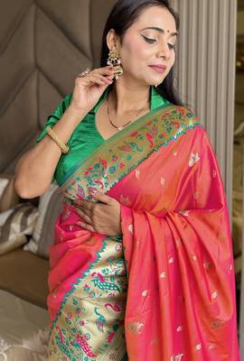 Gajari silk blend paithani saree with unstitched blouse piece 3