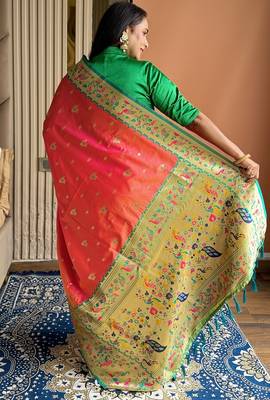 Gajari silk blend paithani saree with unstitched blouse piece 4