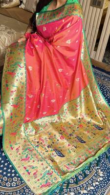 Gajari silk blend paithani saree with unstitched blouse piece 5