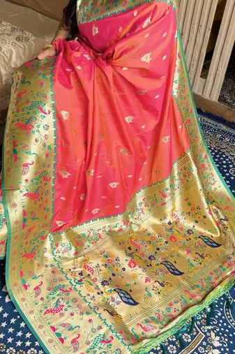 Gajari silk blend paithani saree with unstitched blouse piece