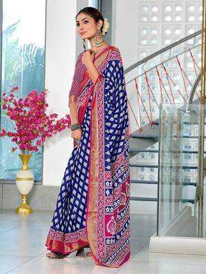 Blue floral print pure cotton mulmul saree with blouse. 3
