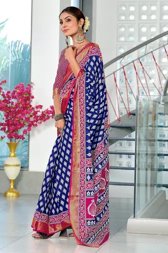 Blue floral print pure cotton mulmul saree with blouse.
