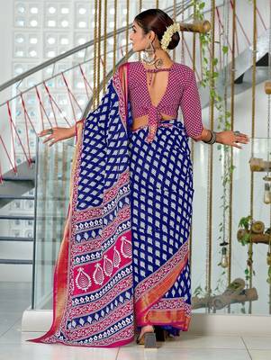 Blue floral print pure cotton mulmul saree with blouse. 4