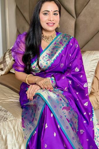 Purple silk paithani saree with unstitched blouse piece