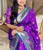Purple silk blend paithani saree with unstitched blouse piece