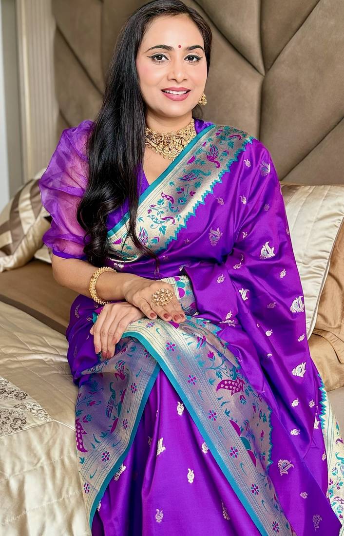 Purple silk paithani saree with unstitched blouse piece