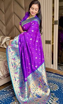 Purple silk blend paithani saree with unstitched blouse piece 2