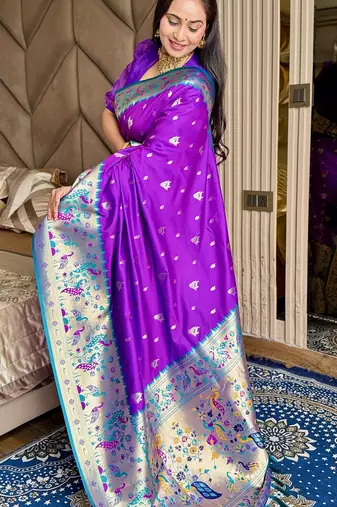 Purple silk blend paithani saree with unstitched blouse piece