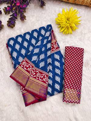 Blue floral print pure cotton mulmul saree with blouse. 5