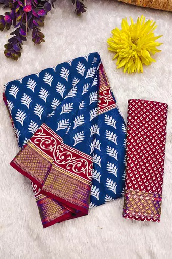 Blue floral print pure cotton mulmul saree with blouse.