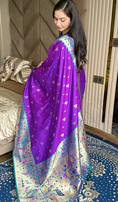 Purple silk blend paithani saree with unstitched blouse piece 3