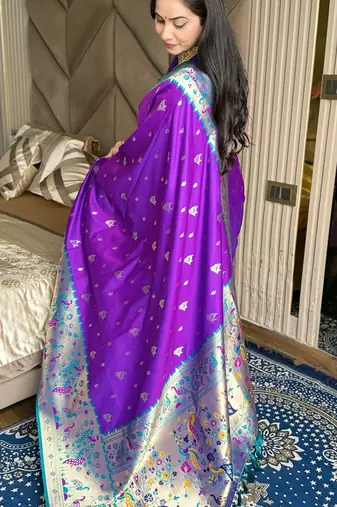 Purple silk blend paithani saree with unstitched blouse piece
