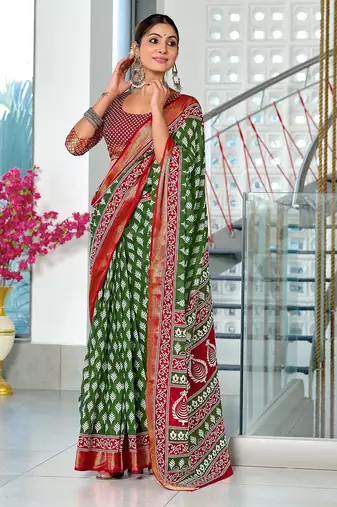 Green floral print pure cotton mulmul saree with blouse.