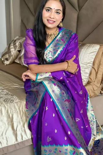Purple silk blend paithani saree with unstitched blouse piece