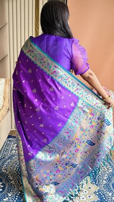 Purple silk blend paithani saree with unstitched blouse piece 5