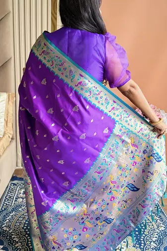 Purple silk blend paithani saree with unstitched blouse piece