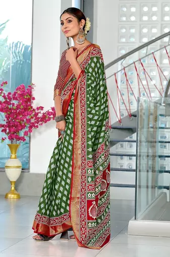 Green floral print pure cotton mulmul saree with blouse.