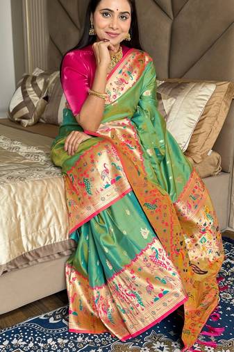 Parrot green silk paithani saree with unstitched blouse piece