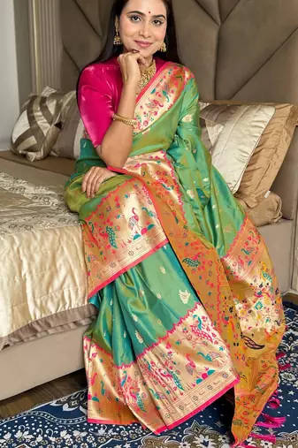 Parrot green silk paithani saree with unstitched blouse piece