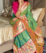 Parrot green silk blend paithani saree with unstitched blouse piece