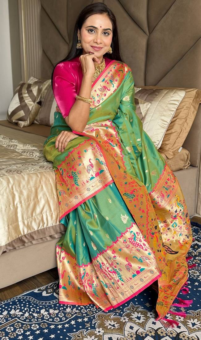 Parrot green silk paithani saree with unstitched blouse piece
