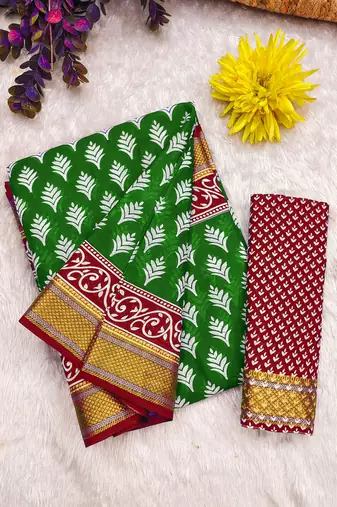Green floral print pure cotton mulmul saree with blouse.