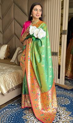Parrot green silk blend paithani saree with unstitched blouse piece 2