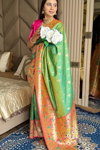 Parrot green silk blend paithani saree with unstitched blouse piece