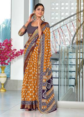 Orange floral print pure cotton mulmul saree with blouse. 1